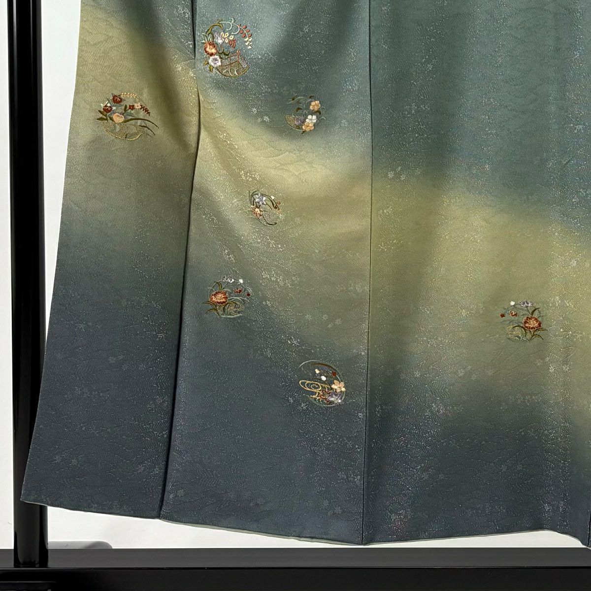 付下 身長152.5cm 袖長64.5cm M 雙層 花丸紋 地紋 刺繡 銀通 灰綠 純蠶絲 名品級