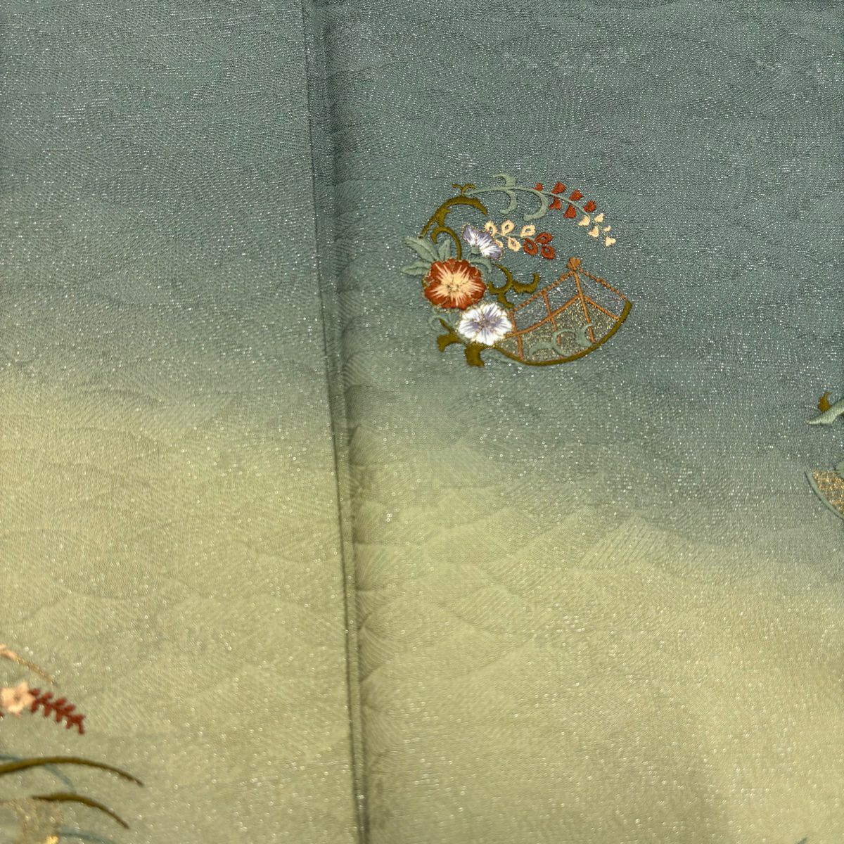 付下 身長152.5cm 袖長64.5cm M 雙層 花丸紋 地紋 刺繡 銀通 灰綠 純蠶絲 名品級