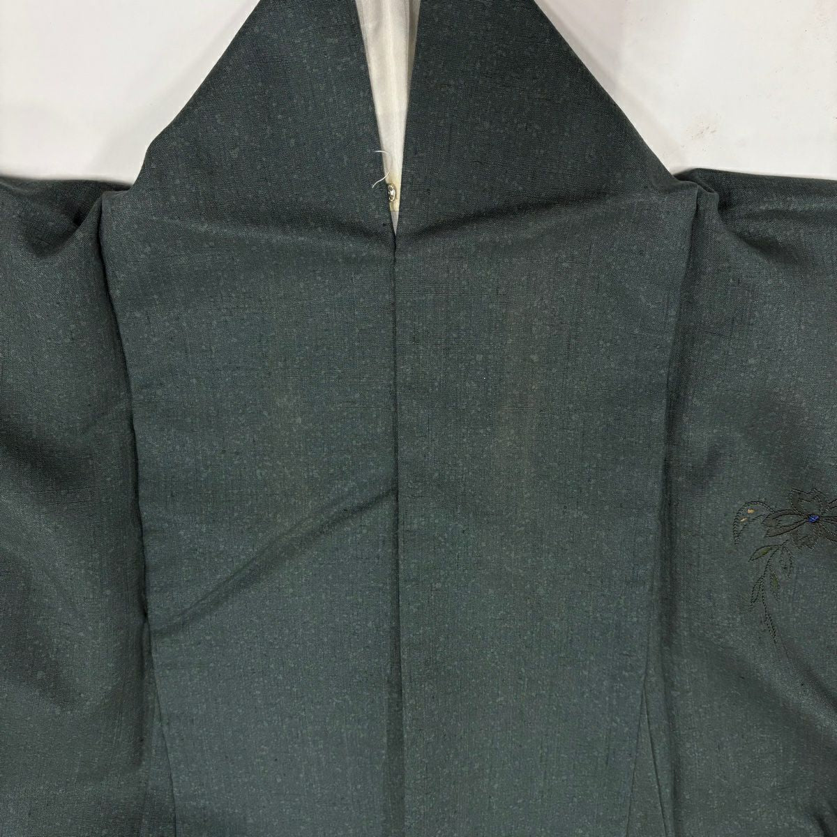 付下 身長162cm 袖長64.5cm M 雙層 大和 紬織織 枝花 草竹子 金線 刺繡 深綠 純蠶絲 名品級