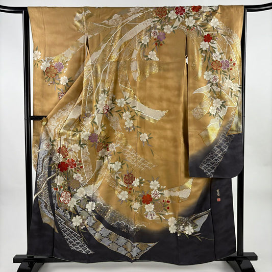 振袖禮服 身長161cm 袖長65cm M 雙層 山本寛斎 落款あり 樱花 熨斗紋 金銀彩 拉麵 淺茶 純蠶絲 名品級