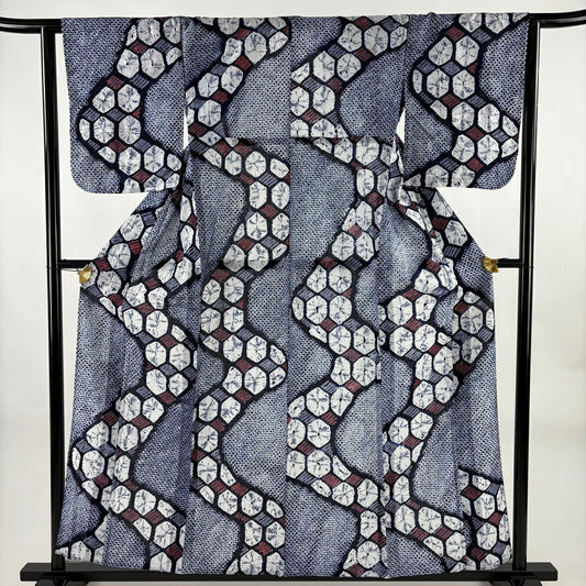 浴衣 身長158.5cm 袖長64cm M 絞染浴衣 龜甲 深藍 純棉 名品級