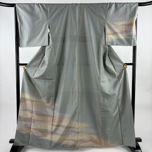 【美品】 付下 身長165cm 袖長67cm M 雙層 大島紬織地 やまと 證書あり 百壽紋 霞 青灰 純蠶絲 名品級