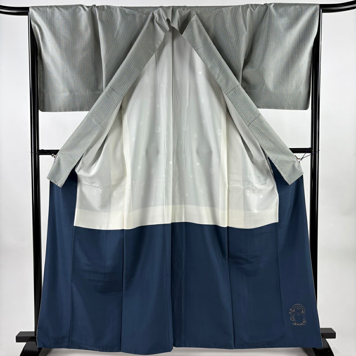 【美品】 付下 身長165cm 袖長67cm M 雙層 大島紬織地 やまと 證書あり 百壽紋 霞 青灰 純蠶絲 名品級