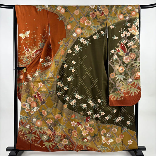 【美品】振袖禮服 身長160cm 袖長65.5cm M 雙層 大和 蝴蝶 菊花花 金絲 金銀彩 紅茶 純蠶絲 名品級