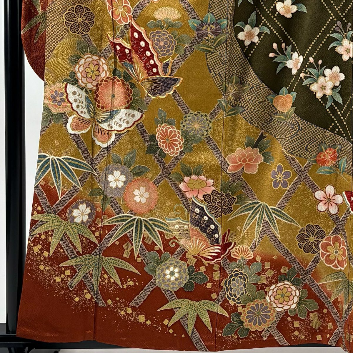 【美品】振袖禮服 身長160cm 袖長65.5cm M 雙層 大和 蝴蝶 菊花花 金絲 金銀彩 紅茶 純蠶絲 名品級
