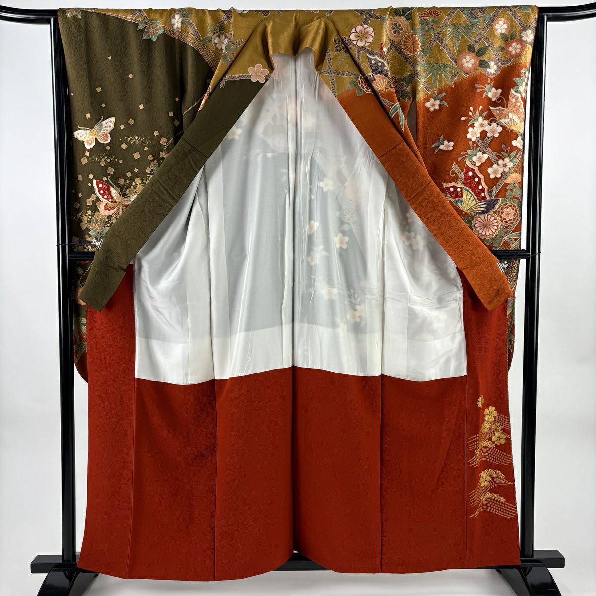 【美品】振袖禮服 身長160cm 袖長65.5cm M 雙層 大和 蝴蝶 菊花花 金絲 金銀彩 紅茶 純蠶絲 名品級