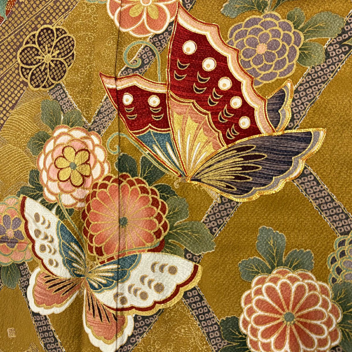 【美品】振袖禮服 身長160cm 袖長65.5cm M 雙層 大和 蝴蝶 菊花花 金絲 金銀彩 紅茶 純蠶絲 名品級