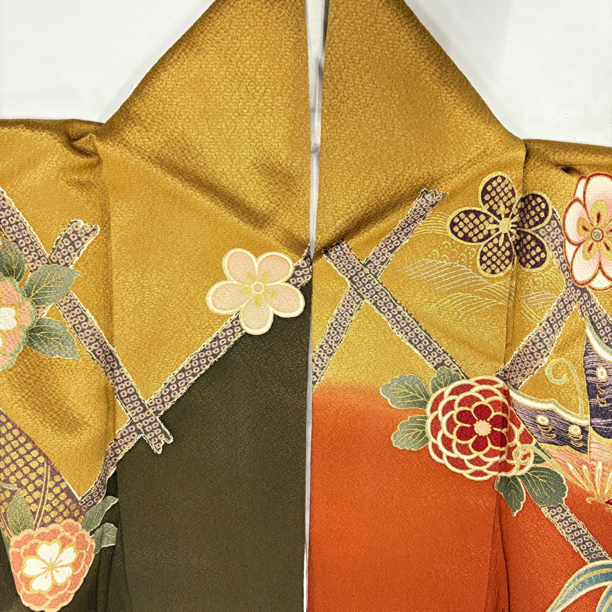 【美品】振袖禮服 身長160cm 袖長65.5cm M 雙層 大和 蝴蝶 菊花花 金絲 金銀彩 紅茶 純蠶絲 名品級