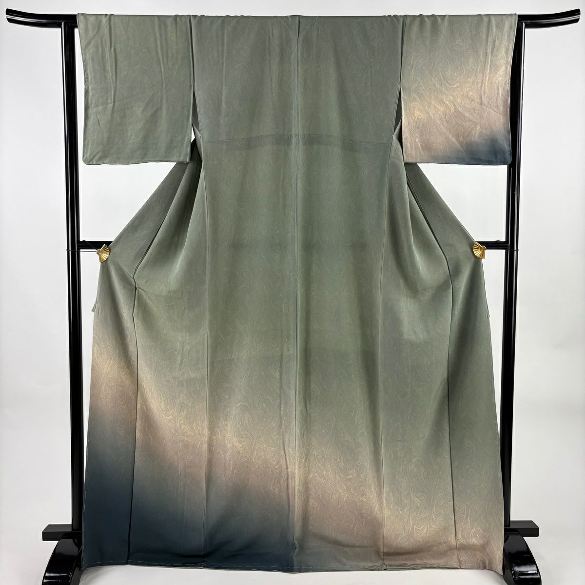 【美品】 付下 身長170cm 袖長64cm M 雙層 落款あり 墨流染 分染 漸層 灰綠 純蠶絲 名品級