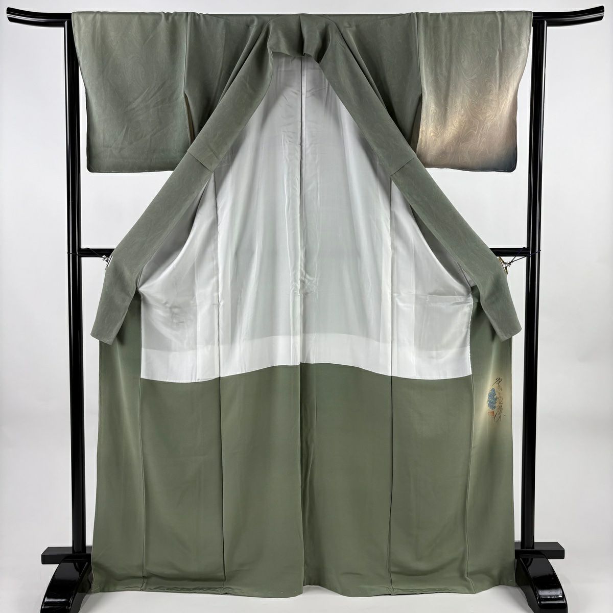 【美品】 付下 身長170cm 袖長64cm M 雙層 落款あり 墨流染 分染 漸層 灰綠 純蠶絲 名品級