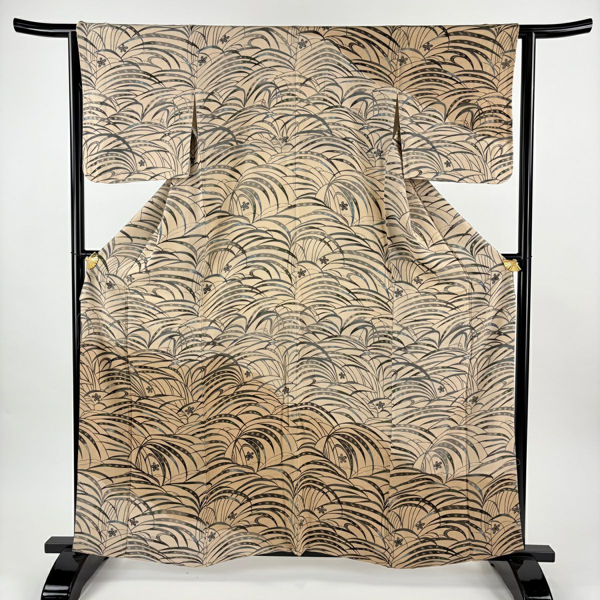 訪問服 身長159.5cm 袖長63cm S 雙層 梅花葉紋 絞緬 染分 薄茶 純蠶絲 名品級