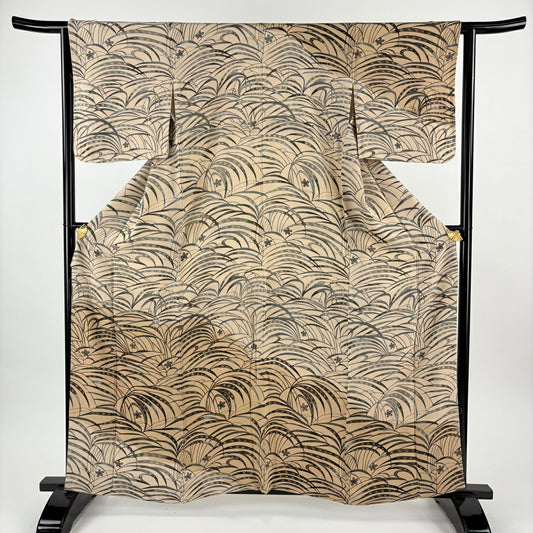 訪問服 身長159.5cm 袖長63cm S 雙層 梅花葉紋 絞緬 染分 薄茶 純蠶絲 名品級