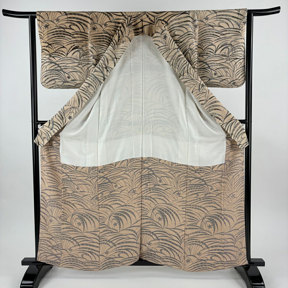 訪問服 身長159.5cm 袖長63cm S 雙層 梅花葉紋 絞緬 染分 薄茶 純蠶絲 名品級
