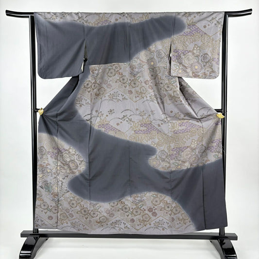 【美品】訪問服 身長158.5cm 袖長63.5cm S 雙層 紬織織 草花紋紋 松樹川菱 金銀彩 墨 黑 純蠶絲 名品級