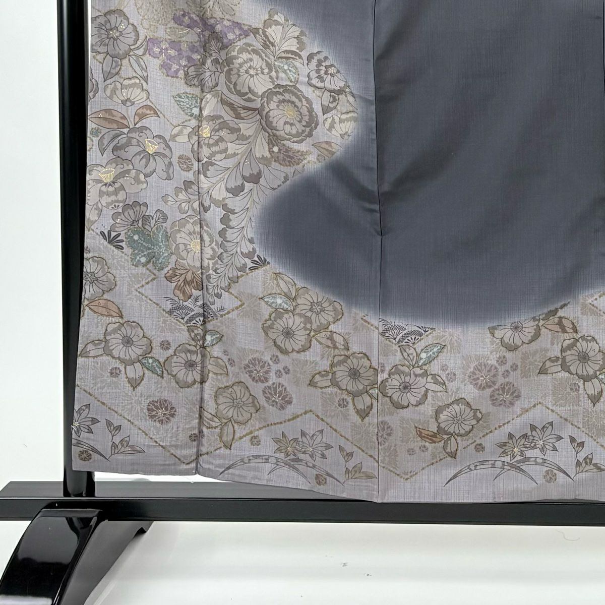 【美品】訪問服 身長158.5cm 袖長63.5cm S 雙層 紬織織 草花紋紋 松樹川菱 金銀彩 墨 黑 純蠶絲 名品級