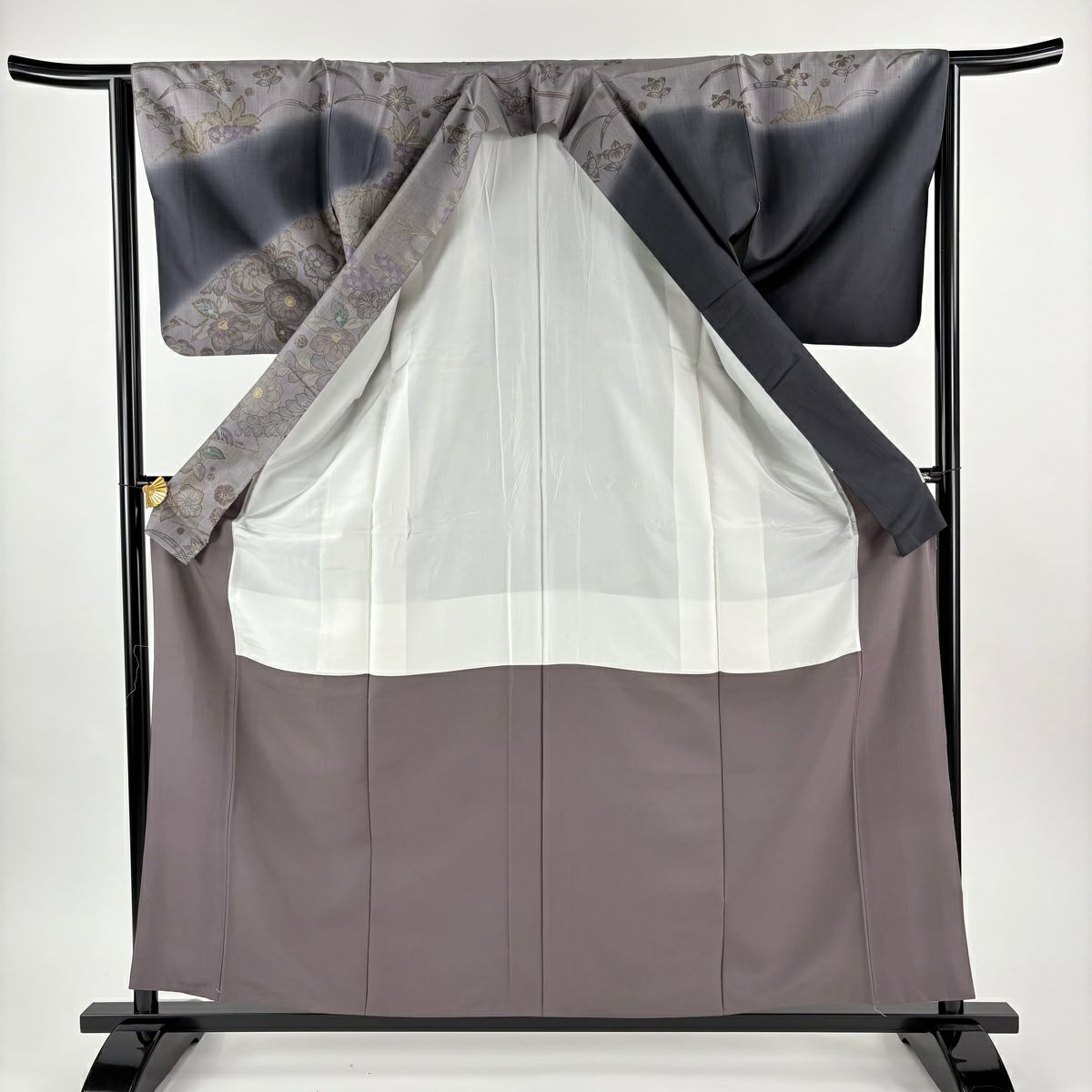 【美品】訪問服 身長158.5cm 袖長63.5cm S 雙層 紬織織 草花紋紋 松樹川菱 金銀彩 墨 黑 純蠶絲 名品級