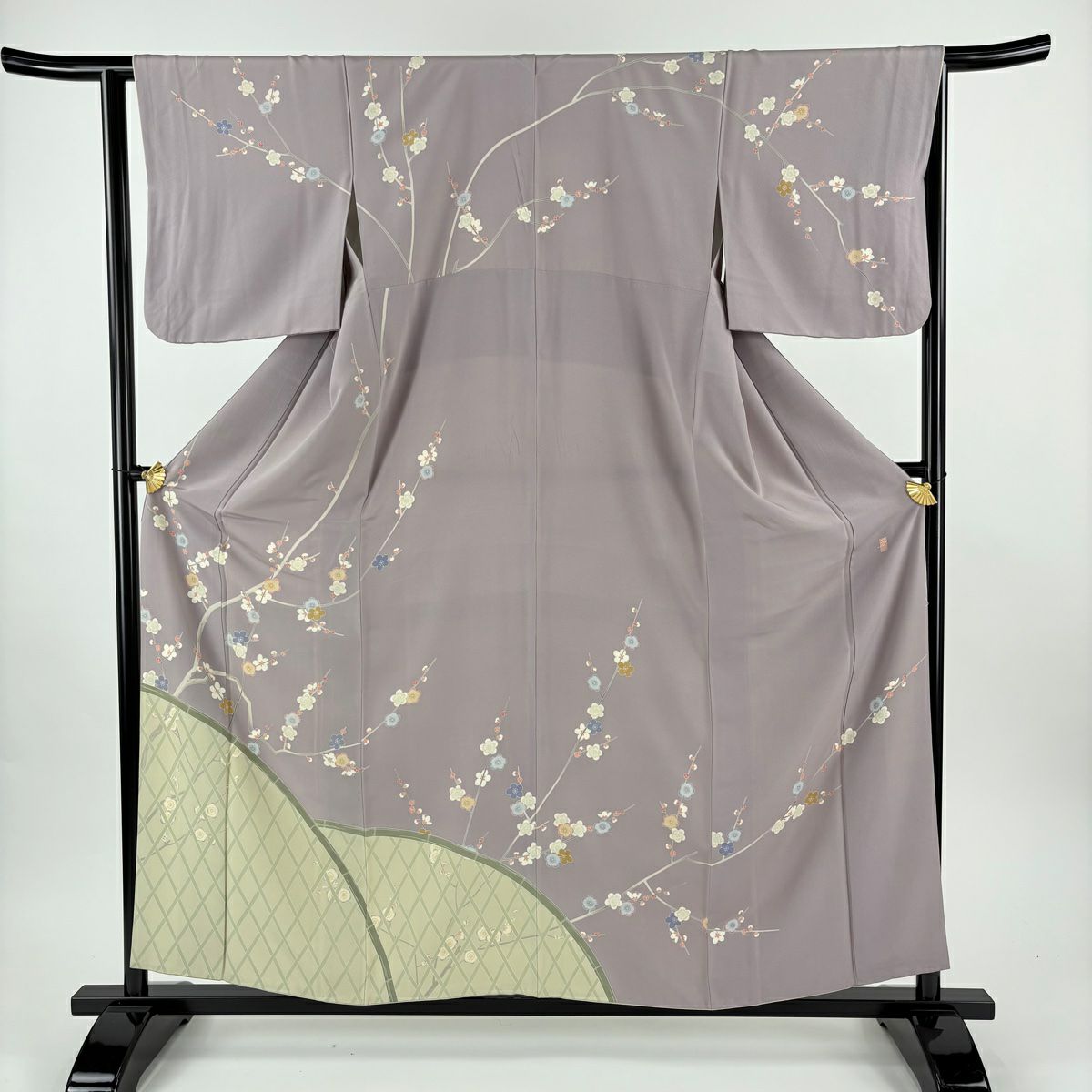 訪問服 身長158.5cm 袖長64cm M 雙層 落款有 枝梅花 間垣 染分 灰紫 純蠶絲 名品級