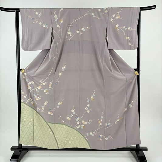 訪問服 身長158.5cm 袖長64cm M 雙層 落款有 枝梅花 間垣 染分 灰紫 純蠶絲 名品級