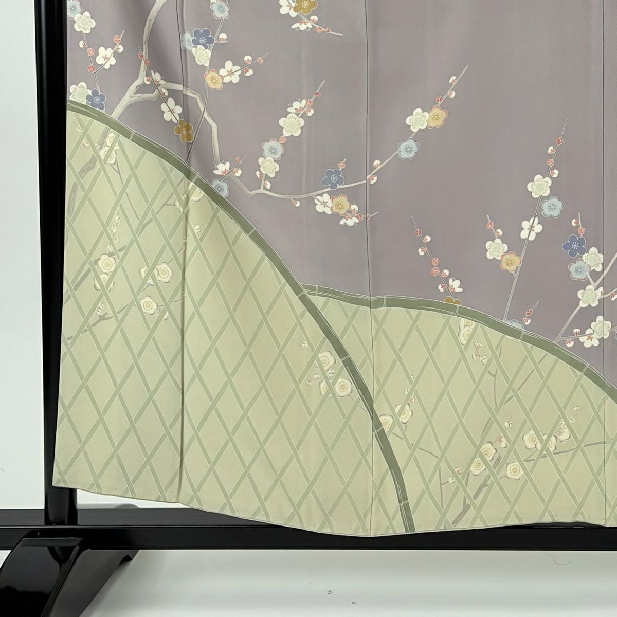 訪問服 身長158.5cm 袖長64cm M 雙層 落款有 枝梅花 間垣 染分 灰紫 純蠶絲 名品級