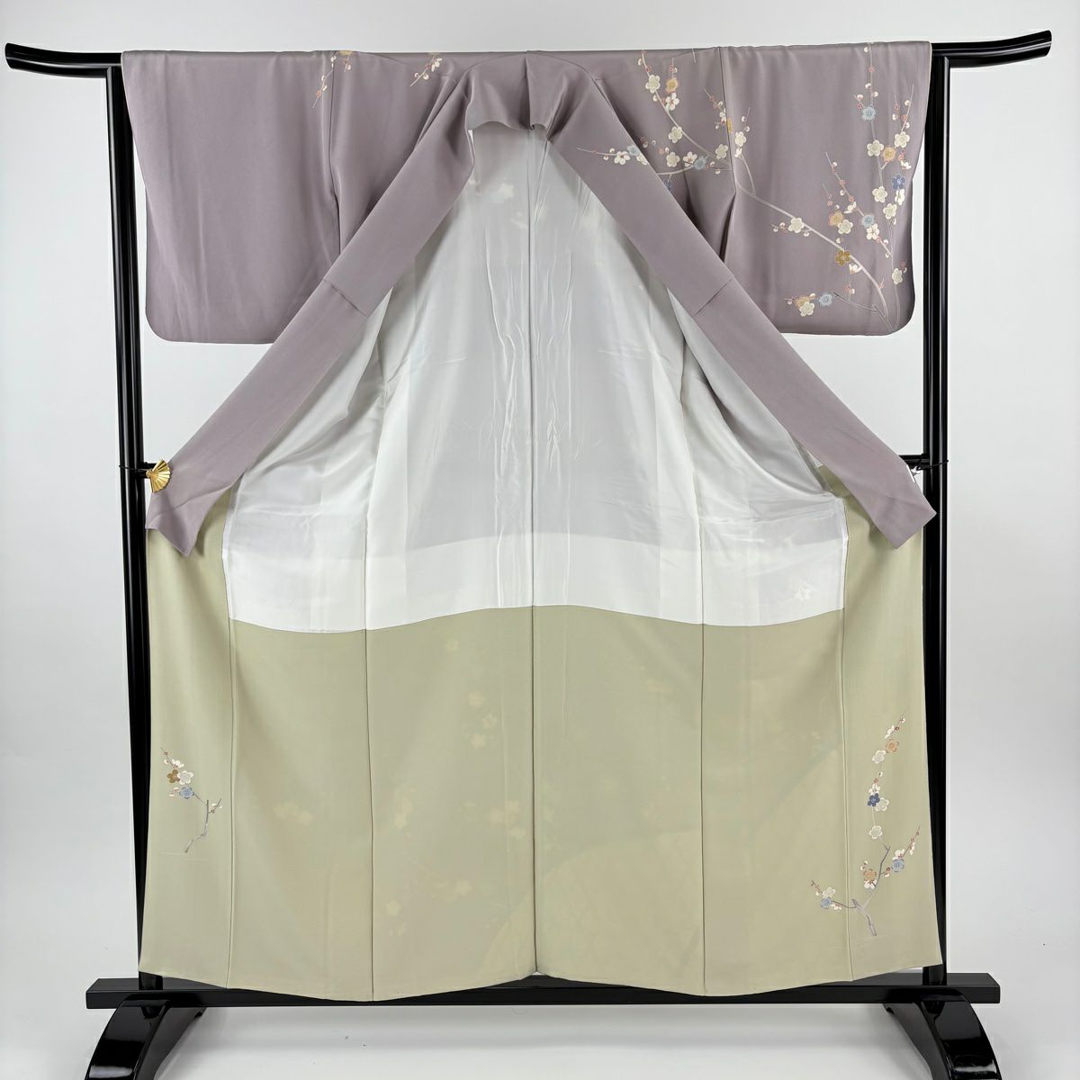 訪問服 身長158.5cm 袖長64cm M 雙層 落款有 枝梅花 間垣 染分 灰紫 純蠶絲 名品級