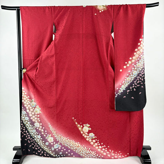【美品】振袖禮服 身長169.5cm 袖長68cm L 雙層 草花紋紋 花瓣 金彩裝飾 染分 紅 純蠶絲 名品級