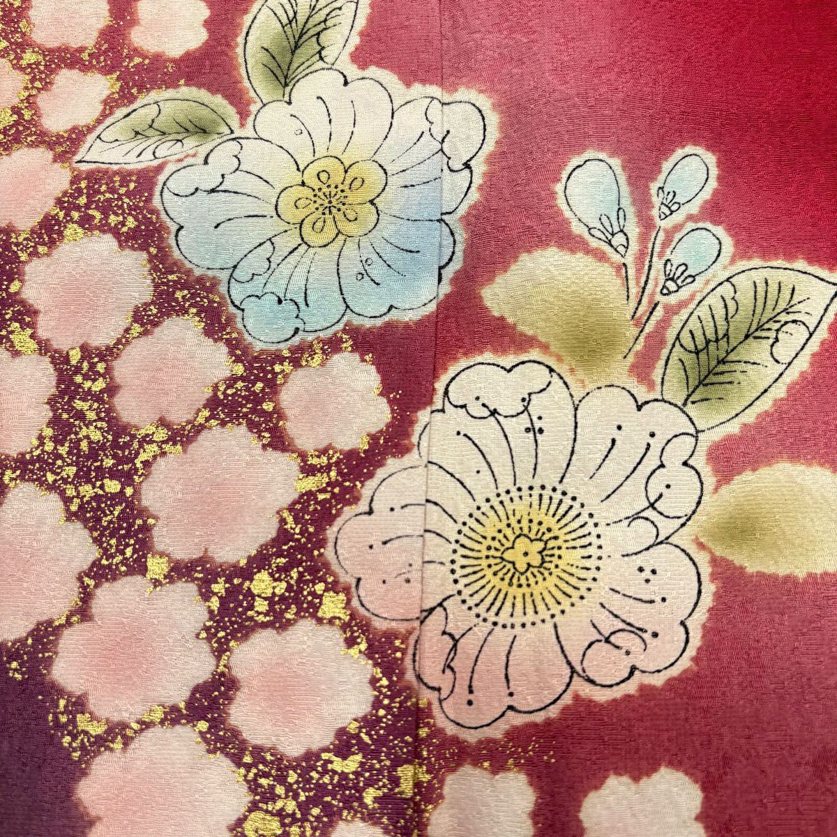 【美品】振袖禮服 身長169.5cm 袖長68cm L 雙層 草花紋紋 花瓣 金彩裝飾 染分 紅 純蠶絲 名品級