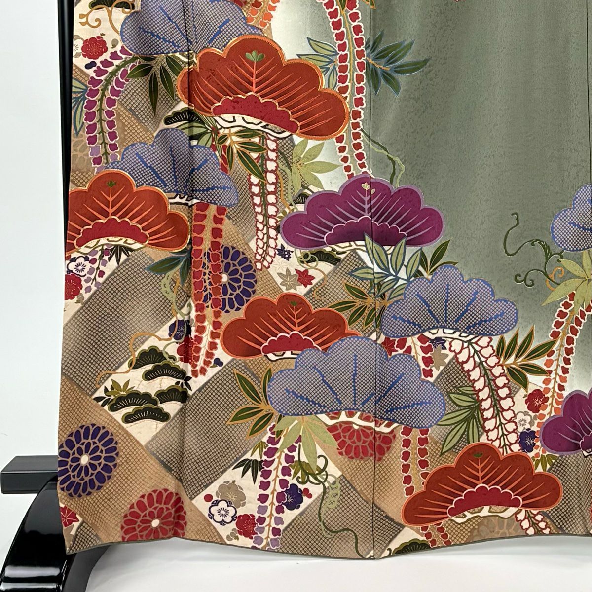 振袖禮服 身長166cm 袖長67.5cm L 雙層 松樹竹子梅花 疋田 金絲 灰綠 純蠶絲 名品級