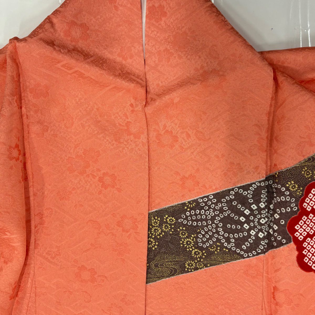 【美品】振袖禮服 身長178cm 袖長70.5cm L 雙層 熨斗紋 牡丹刺繡 金彩裝飾 鮭粉色 純蠶絲 名品級
