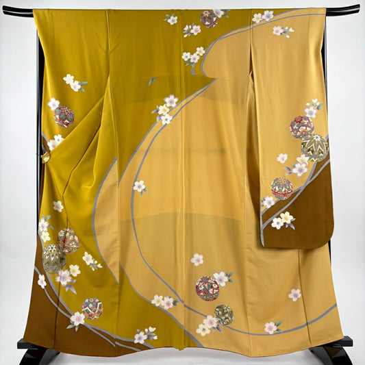 【美品】振袖禮服 身長162cm 袖長69cm L 雙層 鈴乃屋 櫻 手毬 金絲 金銀彩 鶯 綠 純蠶絲 名品級