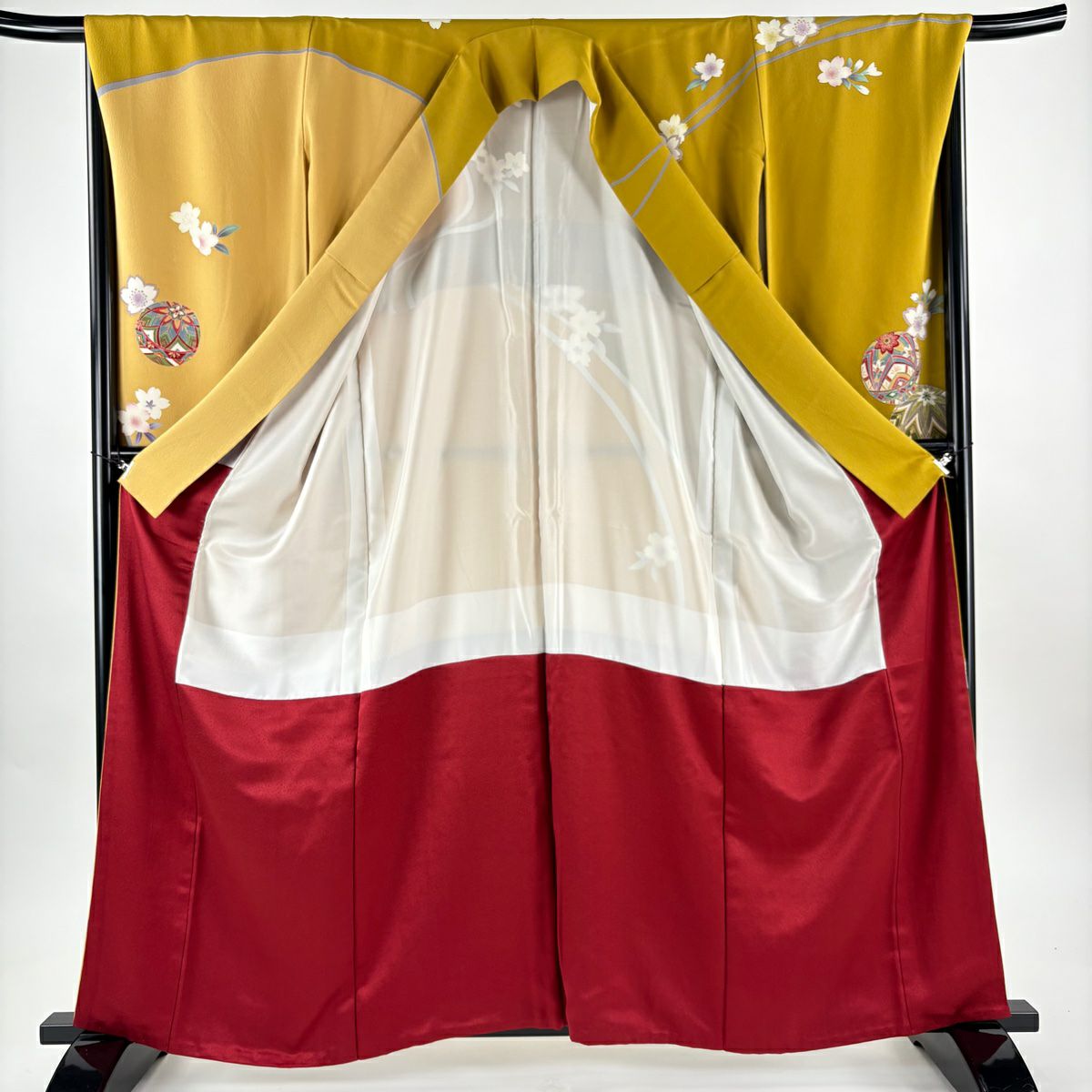【美品】振袖禮服 身長162cm 袖長69cm L 雙層 鈴乃屋 櫻 手毬 金絲 金銀彩 鶯 綠 純蠶絲 名品級