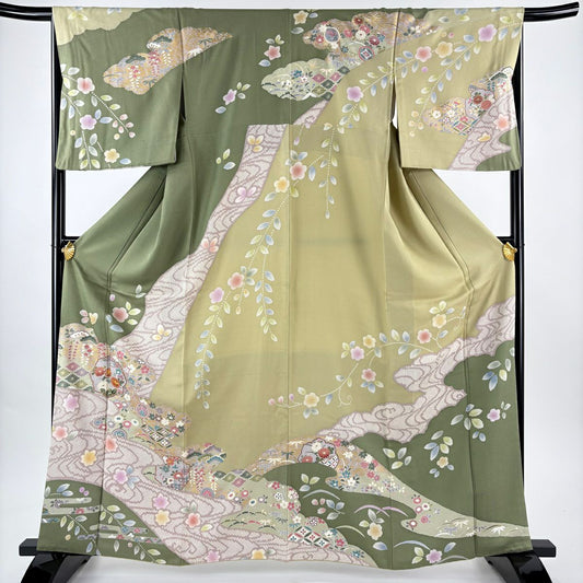 訪問服 身長161.5cm 袖長67cm M 雙層 菊花 雲文 金絲 金銀彩 艾綠 純蠶絲 名品級