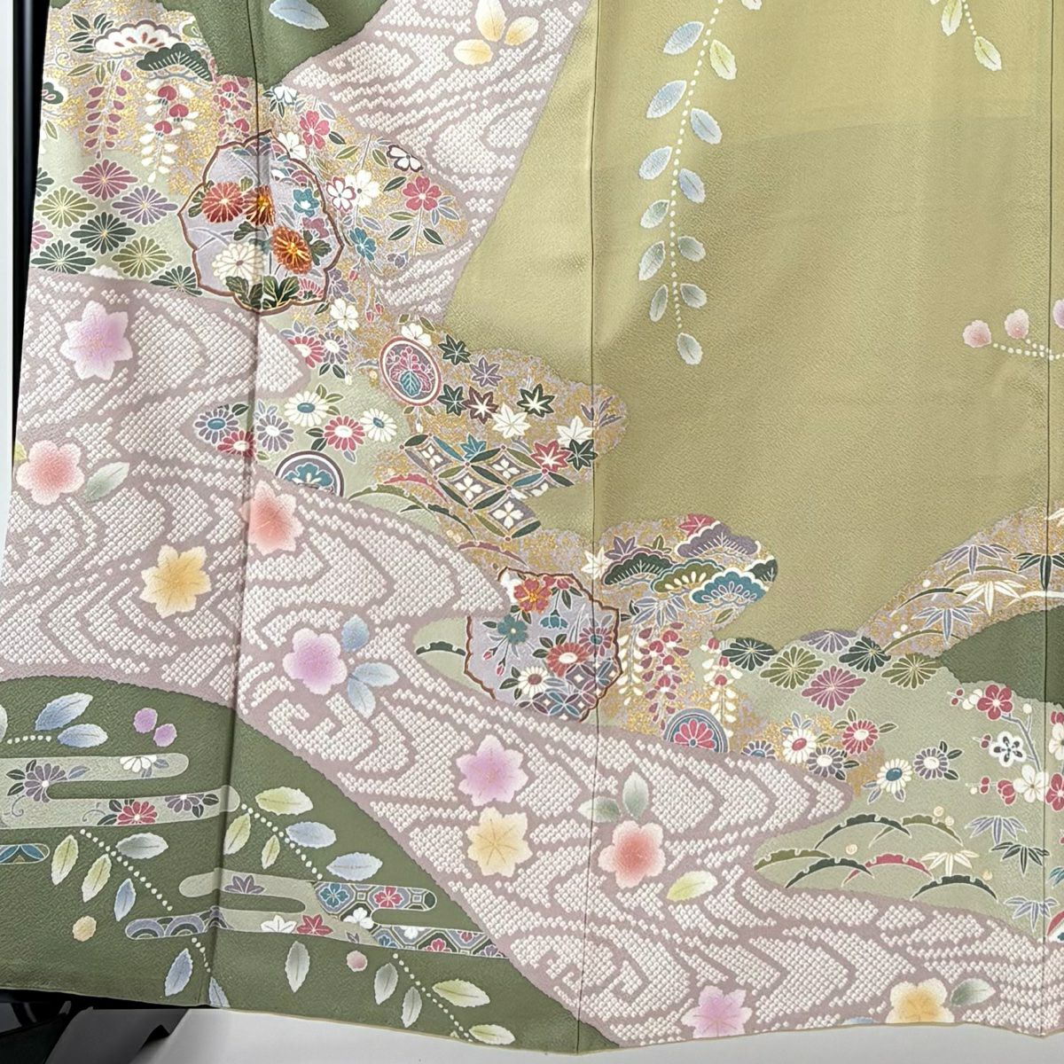 訪問服 身長161.5cm 袖長67cm M 雙層 菊花 雲文 金絲 金銀彩 艾綠 純蠶絲 名品級