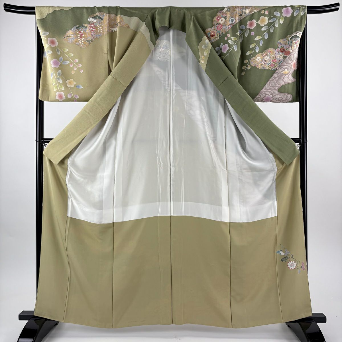 訪問服 身長161.5cm 袖長67cm M 雙層 菊花 雲文 金絲 金銀彩 艾綠 純蠶絲 名品級