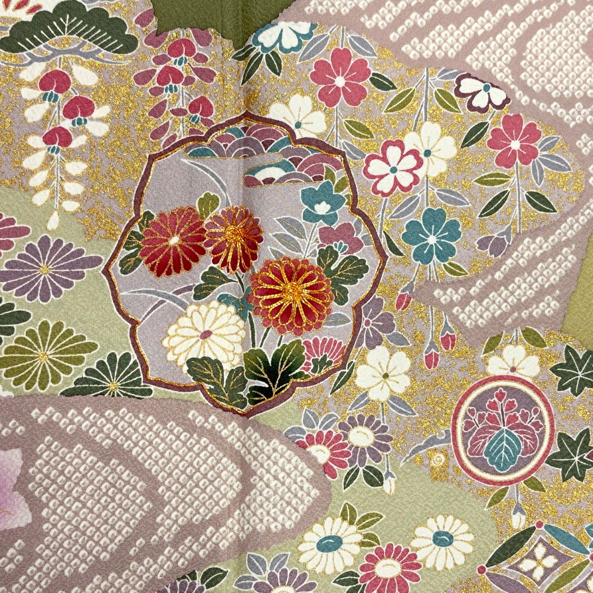 訪問服 身長161.5cm 袖長67cm M 雙層 菊花 雲文 金絲 金銀彩 艾綠 純蠶絲 名品級