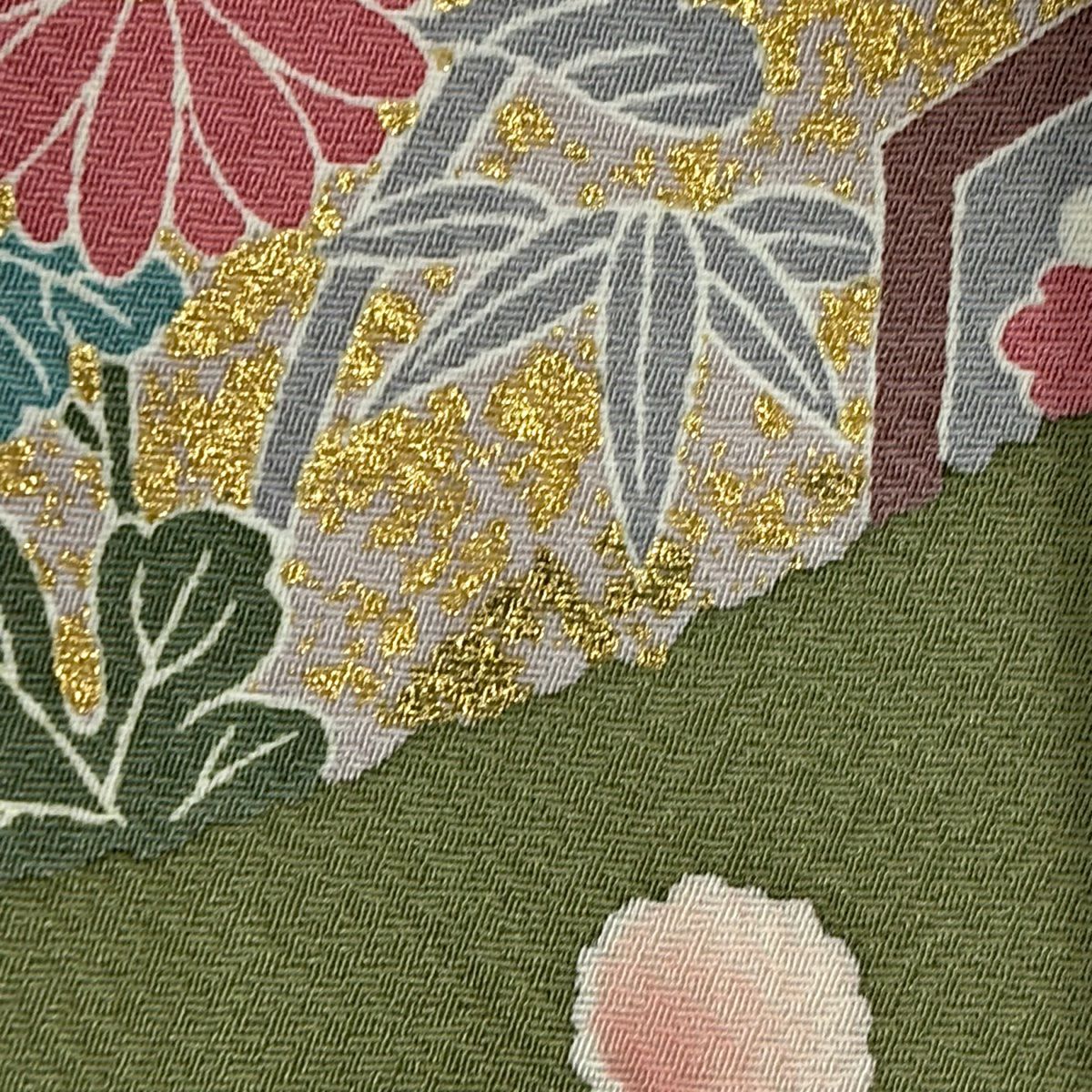 訪問服 身長161.5cm 袖長67cm M 雙層 菊花 雲文 金絲 金銀彩 艾綠 純蠶絲 名品級