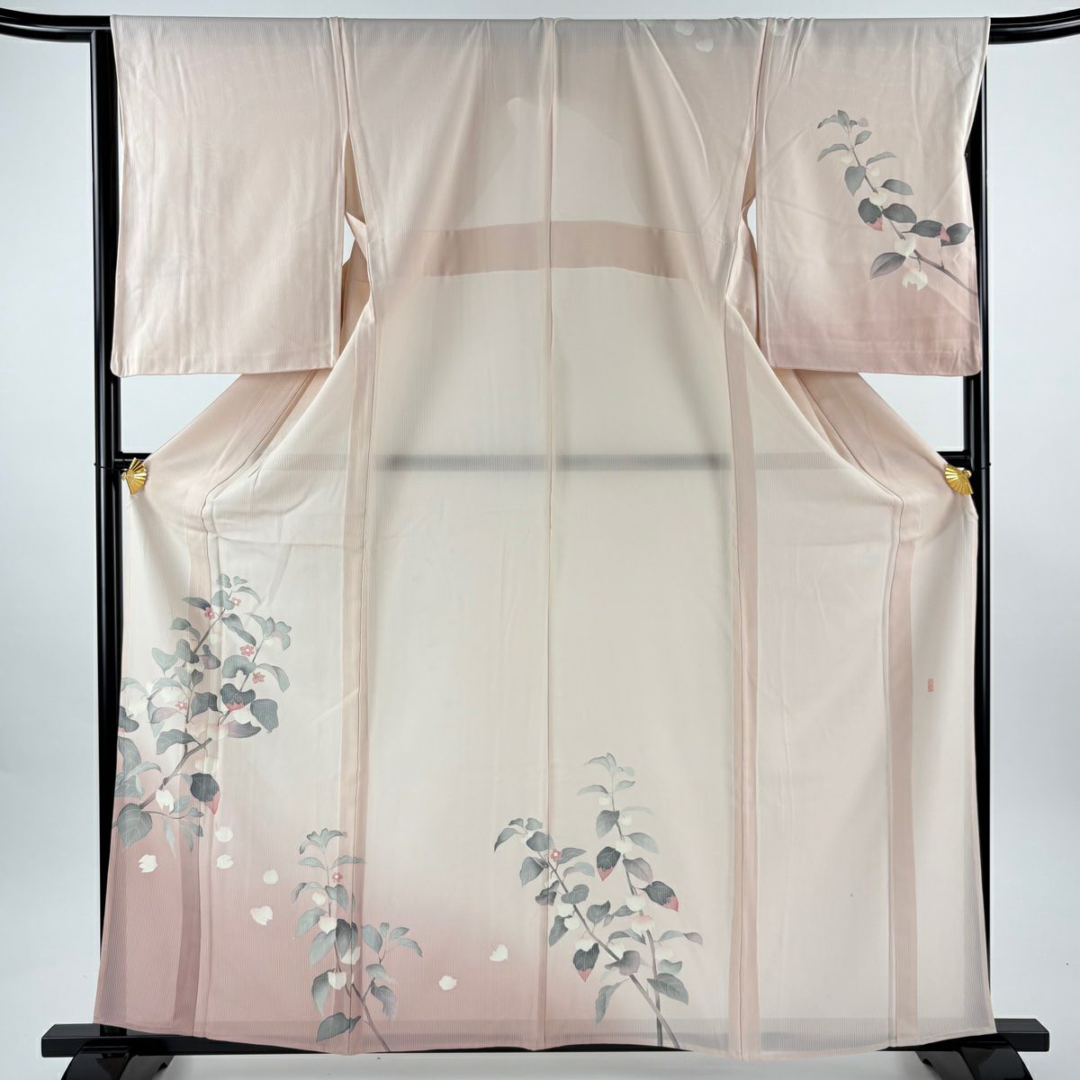 訪問服 身長162.5cm 袖長65.5cm M 薄物 縦絽 落款あり 枝花 漸層 薄粉紅 純蠶絲 名品級