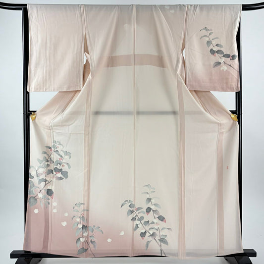 訪問服 身長162.5cm 袖長65.5cm M 薄物 縦絽 落款あり 枝花 漸層 薄粉紅 純蠶絲 名品級