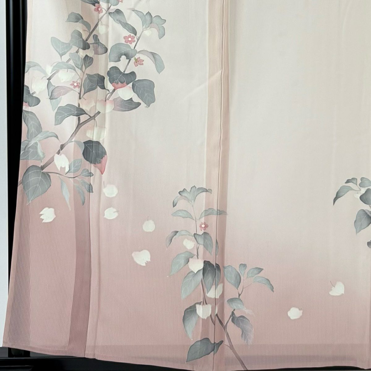 訪問服 身長162.5cm 袖長65.5cm M 薄物 縦絽 落款あり 枝花 漸層 薄粉紅 純蠶絲 名品級