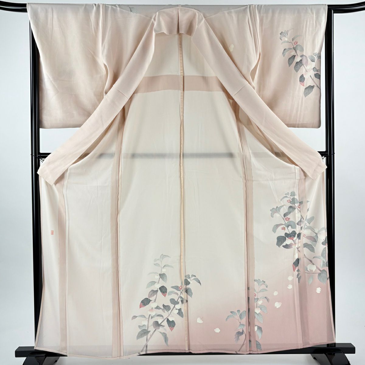 訪問服 身長162.5cm 袖長65.5cm M 薄物 縦絽 落款あり 枝花 漸層 薄粉紅 純蠶絲 名品級