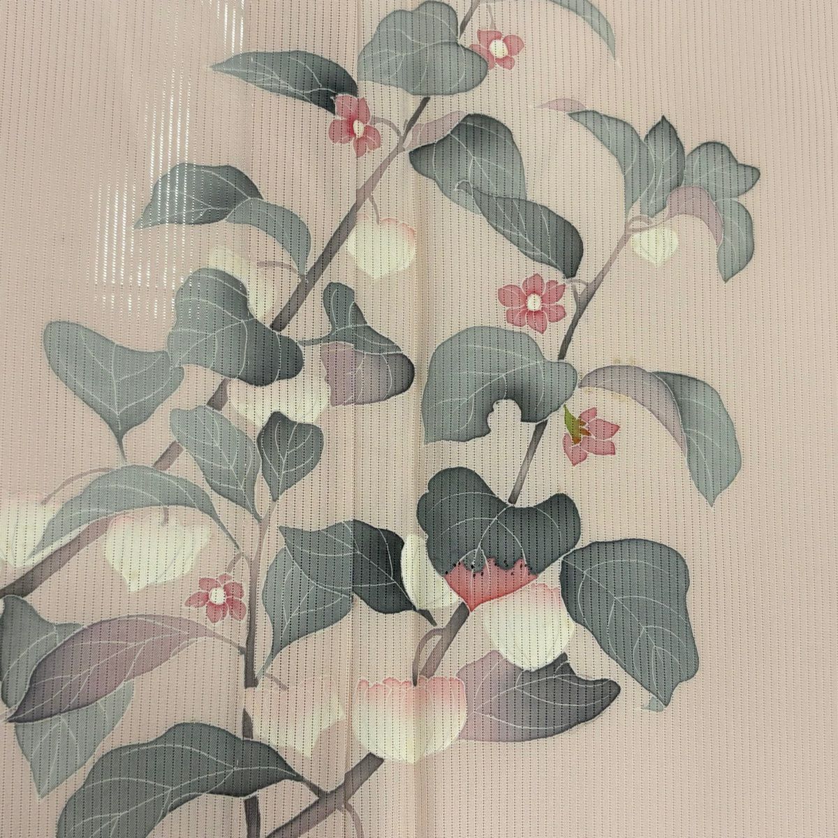 訪問服 身長162.5cm 袖長65.5cm M 薄物 縦絽 落款あり 枝花 漸層 薄粉紅 純蠶絲 名品級