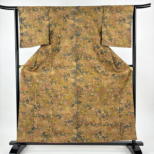 【美品】 小紋 身長159cm 袖長63.5cm S 雙層 樽本伊勢蔵 落款あり 草花紋紋 扇子子 黃土 純蠶絲 名品級