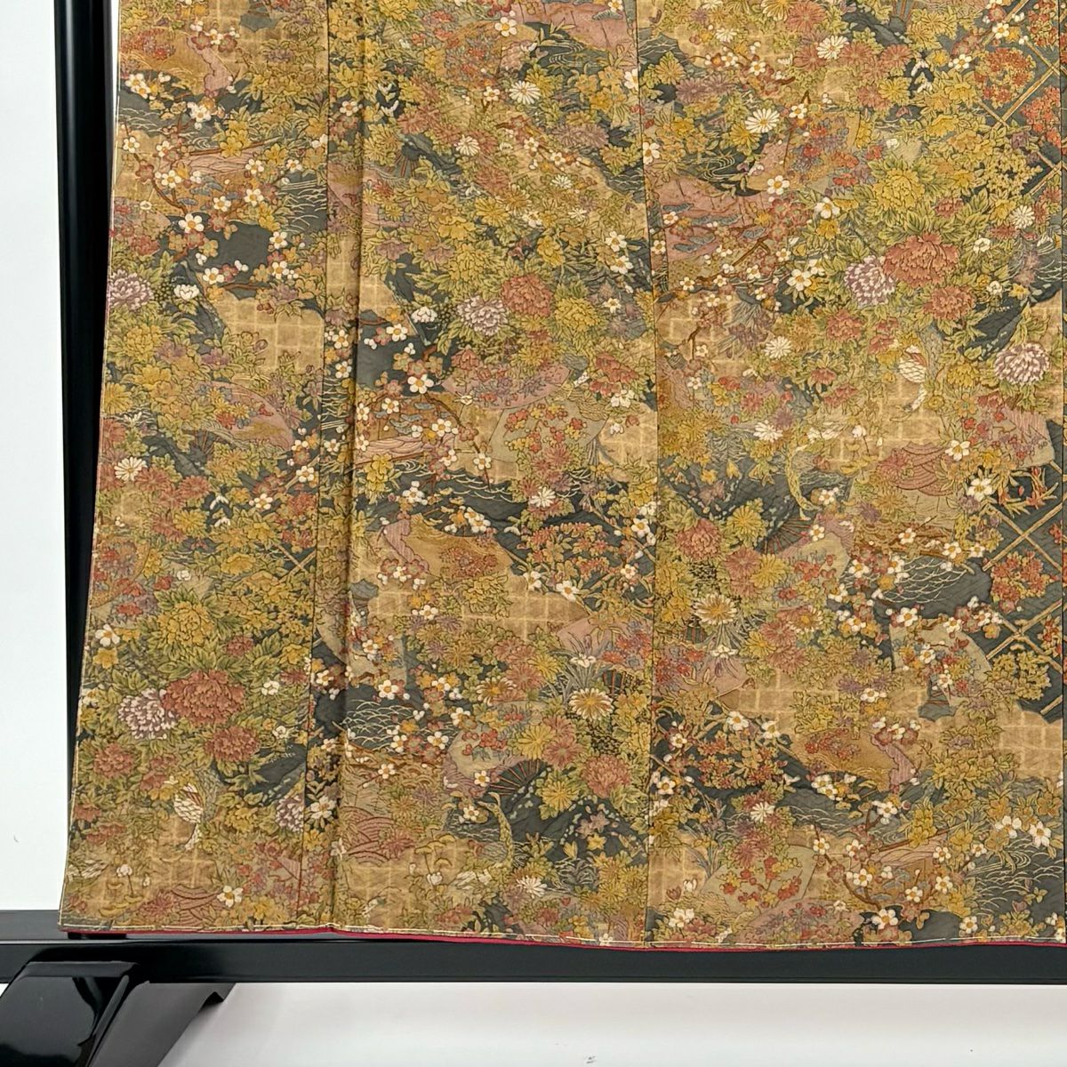 【美品】 小紋 身長159cm 袖長63.5cm S 雙層 樽本伊勢蔵 落款あり 草花紋紋 扇子子 黃土 純蠶絲 名品級