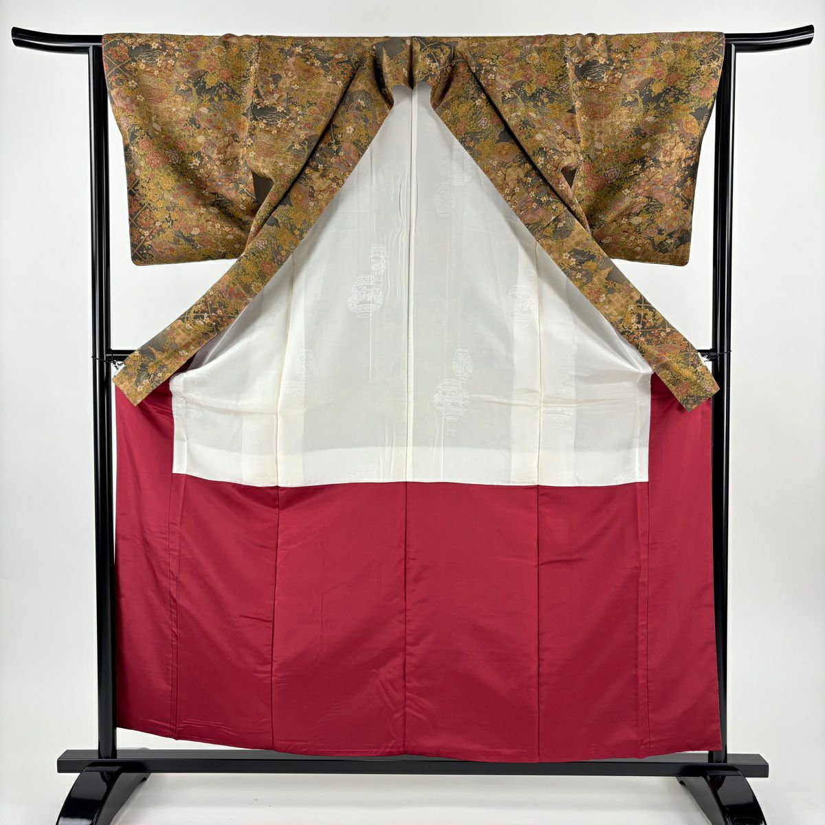 【美品】 小紋 身長159cm 袖長63.5cm S 雙層 樽本伊勢蔵 落款あり 草花紋紋 扇子子 黃土 純蠶絲 名品級