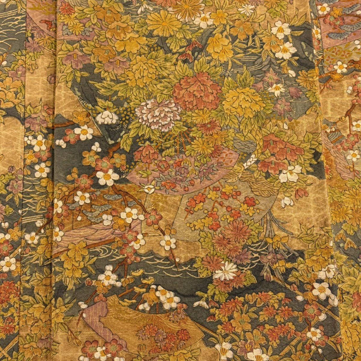 【美品】 小紋 身長159cm 袖長63.5cm S 雙層 樽本伊勢蔵 落款あり 草花紋紋 扇子子 黃土 純蠶絲 名品級