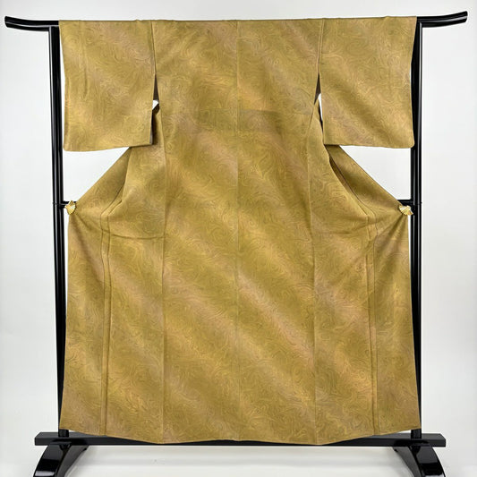 【美品】 小紋 身長160cm 袖長64cm M 雙層 墨流し 斜紋 漸層 黃土色 純蠶絲 名品級