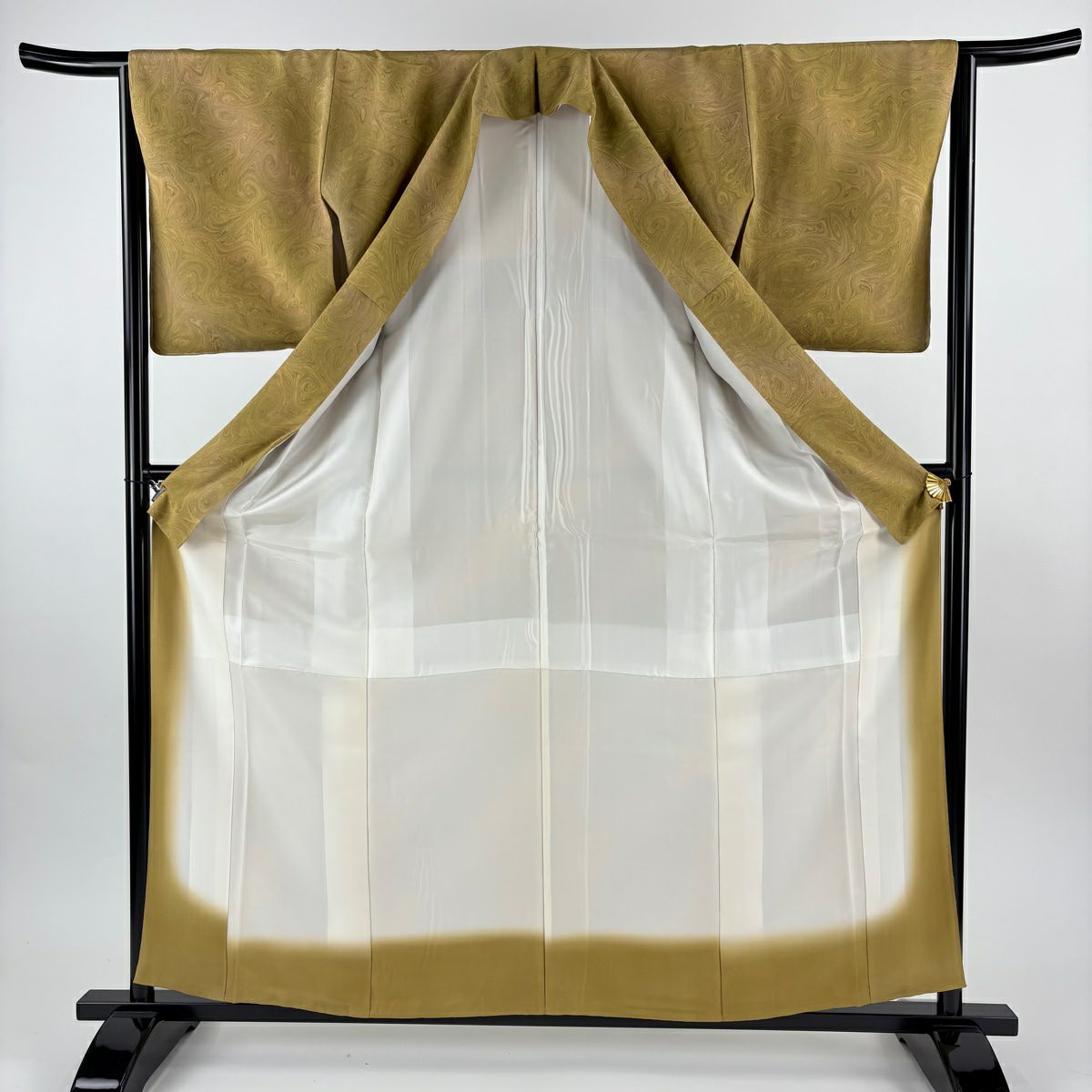 【美品】 小紋 身長160cm 袖長64cm M 雙層 墨流し 斜紋 漸層 黃土色 純蠶絲 名品級