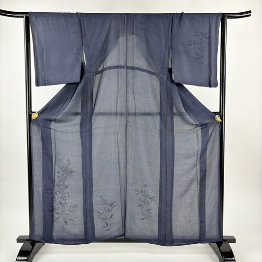 【美品】 付下 身長160cm 袖長64cm M 紗絽雙層 桔梗 金銀彩 深藍 純蠶絲 名品級