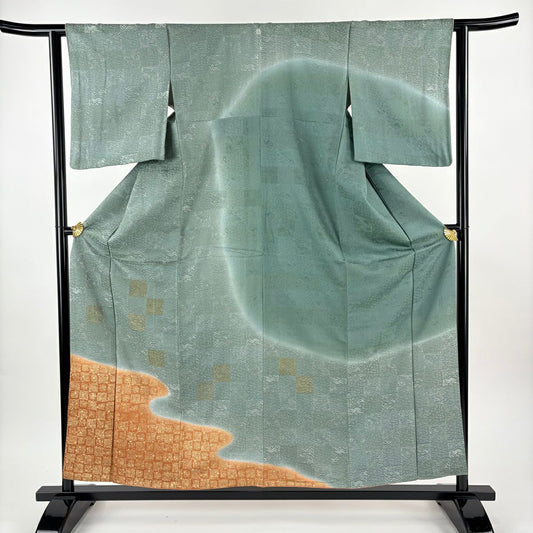 訪問服 身長158cm 袖長61.5cm S 雙層 市松樹 金金箔散佈 金銀彩 灰綠 純蠶絲 名品級 一つ紋