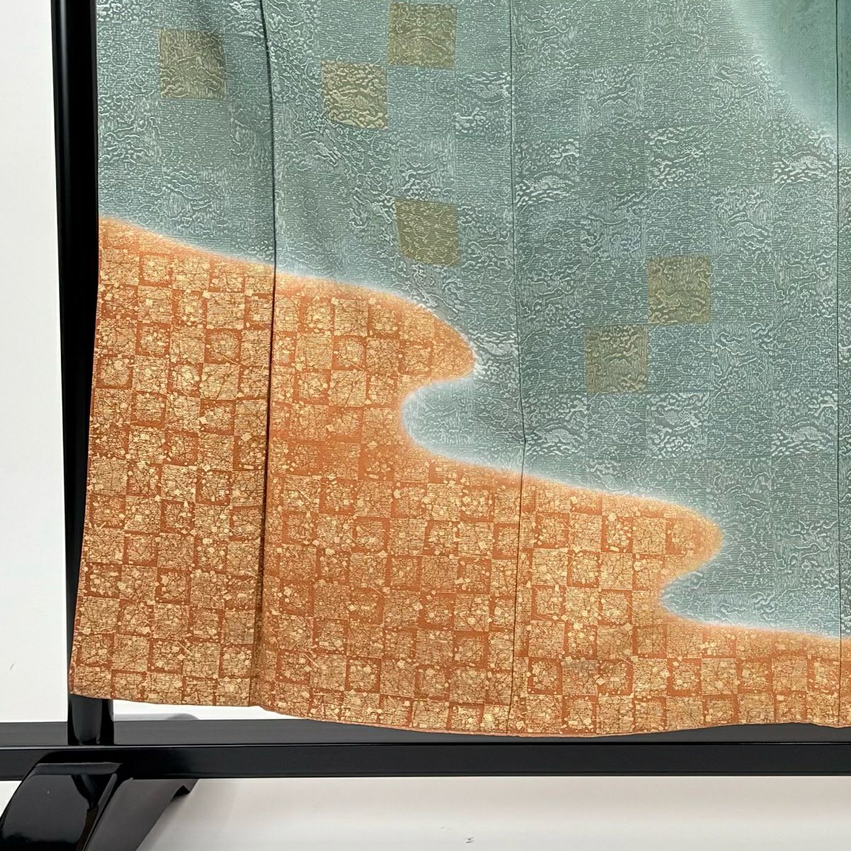 訪問服 身長158cm 袖長61.5cm S 雙層 市松樹 金金箔散佈 金銀彩 灰綠 純蠶絲 名品級 一つ紋