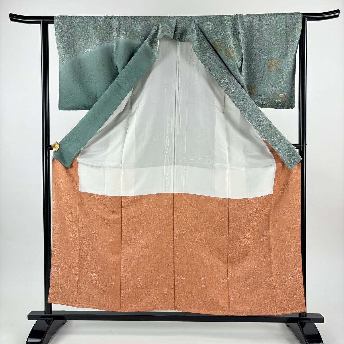 訪問服 身長158cm 袖長61.5cm S 雙層 市松樹 金金箔散佈 金銀彩 灰綠 純蠶絲 名品級 一つ紋